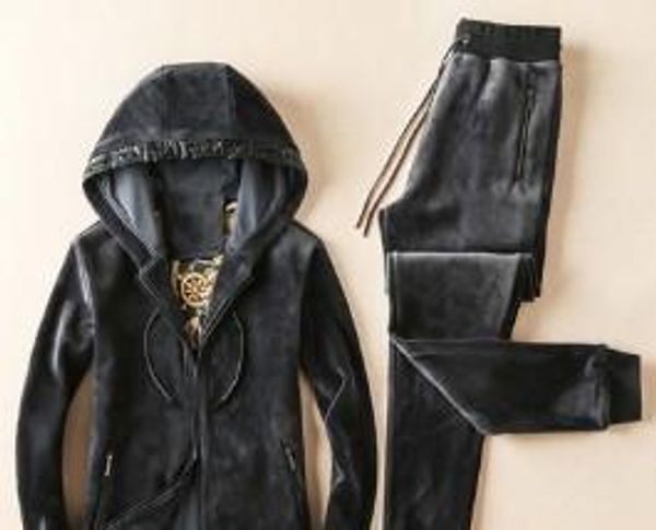 

men s velvet hooded thick hemp male casual embroidery large plus velvet thick fashion velvet sports suit, Gray