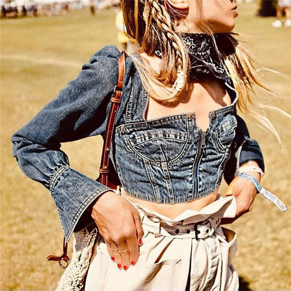 

jeans denim blue shirt women fashion lace up solid female square neck backless strap crop long sleeve tees #40, White