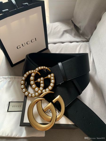 

with the box, 2019 designer fashion men's and women's casual belt, 7.0cm classic letters fashion gold buckle pearl buckle casual l, Black;brown
