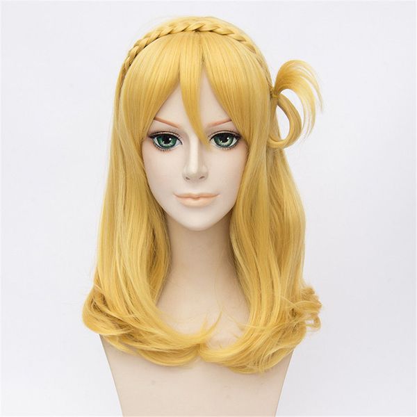 

halloween mid length yellow golden braided girl anime cosplay costume wigs, Black