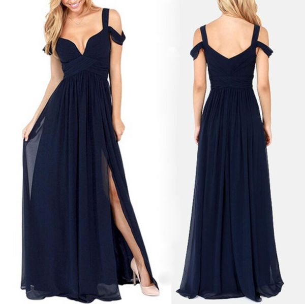 

Pleats Chiffon Dark Navy Long Bridesmaid Dresses Cheap High Side Split Maid Of Honor Dress Floor Length Wedding Guest Party Gown