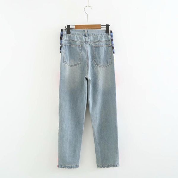 

2019 new casual women patchwork denim pants fashion ripped hole jeans pocket and button straight trousers, Blue