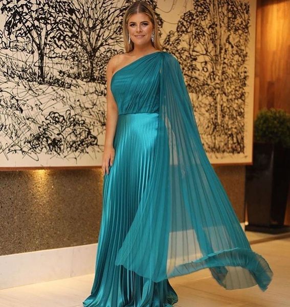 

setwell one shoulder a-line evening dresses ruched plus size muslim floor length prom party gowns with cape, Black;red