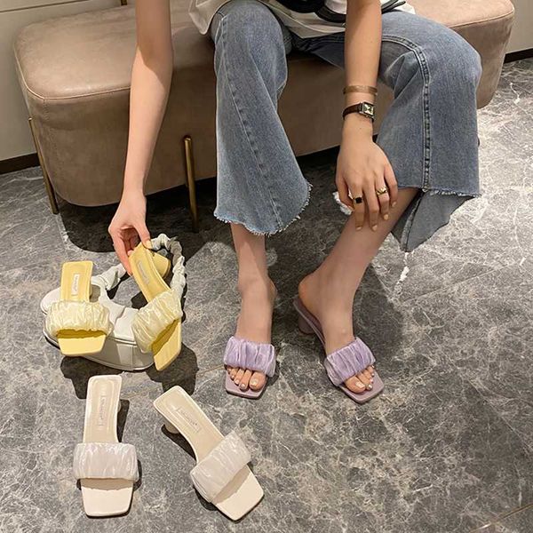 

площадь toe женщины слайды тапочки открытый toe круглый высокие каблуки сандалии слайды open скольжения тапочки летняя обувь мулов женщина, Black