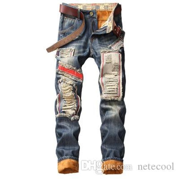 

designer men denim hole jeans ripped for men size 28-38 40 autumn winter plus velvet hip hop punk streetwear, Blue