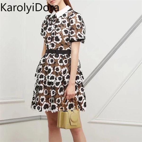 

2020 новый автопортрет платье слоеного рукава лето выдалбливают цветы вышивка ретро кружевное платье лоскутное мини vestidos, Black;gray