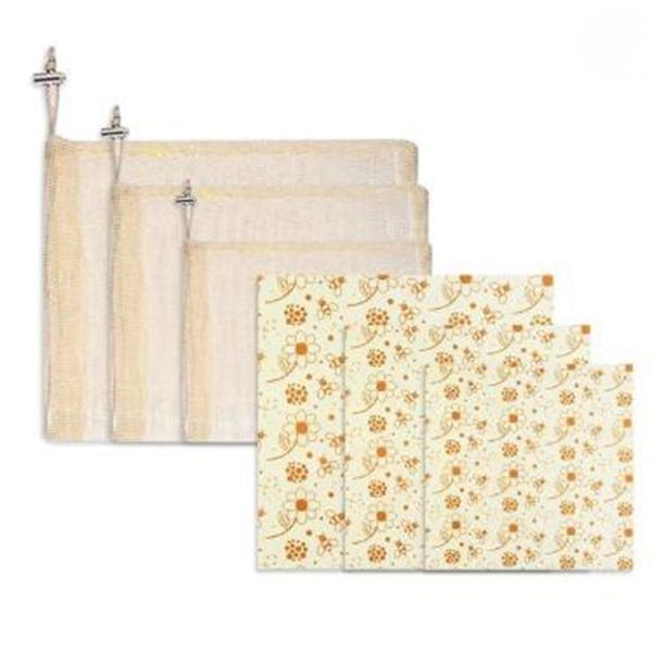

6pcs/set reusable beeswax food wrap seal food fresh keeping wrap lid cover stretch washable mesh produce bags with drawstrings