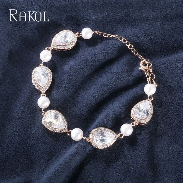 

rakol fashion bright water drop zirconia crystal & imitation pearl chain bracelets bangles for women dropshipping jewelrey, Black