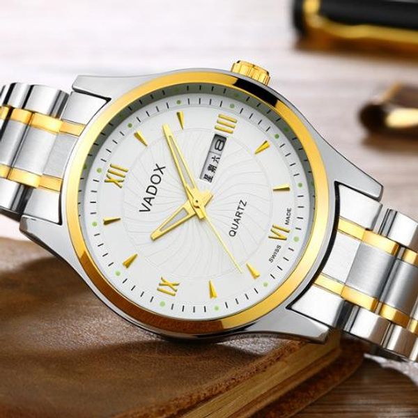 

fashion steel band calendar waterproof luminous fashion men's multi-functional high-grade business quartz watch week shows calendar but, Slivery;brown