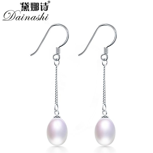 

dainashi 100% genuine freshwater cultured pearl dangle drop earrings fashion 925 sterling silver long hook earrings for women, Golden;silver