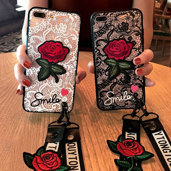 

3d розовая крышка чехлы для телефонов iphone11pro x 7 8 плюс кружевной чехол вышитый жесткий пк защитный бампер роскошный ремешок