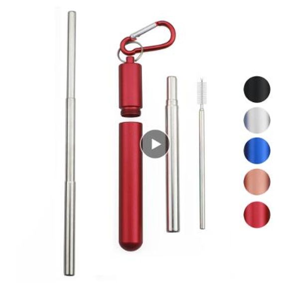 

3pcs portable stainless steel telescopic silver drinking straw for travel reusable collapsible metal with straw bucket and brush