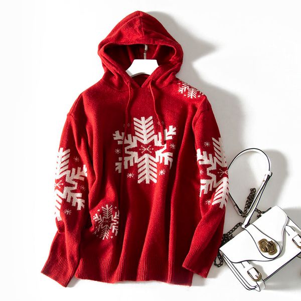 

shuchan christmas snowflake women sweaters, pullovers with hooded england style wool blend 2019 autumn winter warm knit sweater