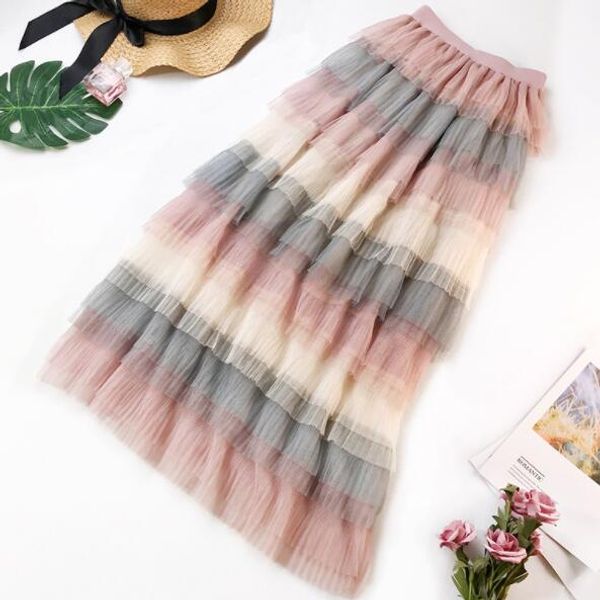 

2020 summer gradient floral embroidery tulle skirts high waist long skirt high waist pleated skirt female tutu skirts dv569, Black