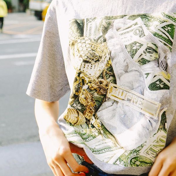 

brand fashion luxury designer men verified 20ss biling tee dollar diamond necklace jewelry drunk gold fan printed short-sleeved women couple, White