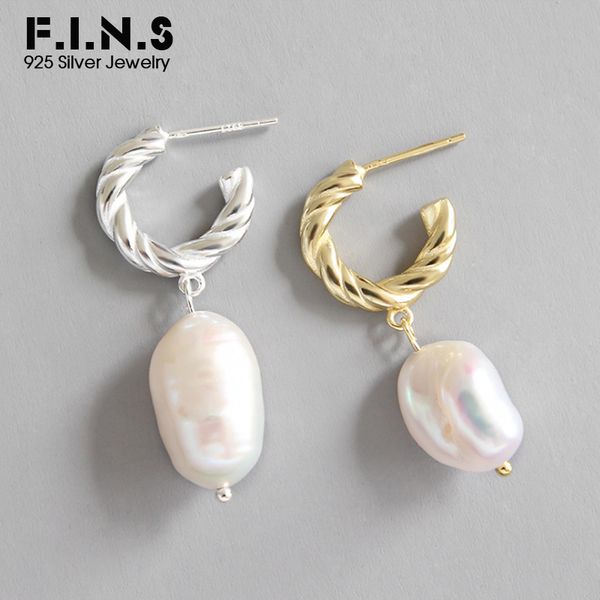 

f.i.n.s 925 sterling silver twist rope pattern irregular baroque freshwater pearl gold drop earrings korean fashion fine jewelry