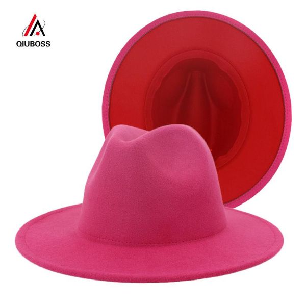 

trend outer rosy inner red patchwork women artificial wool felt jazz fedora hats ladies flat brim panama trilby party hat 60 cm, Blue;gray