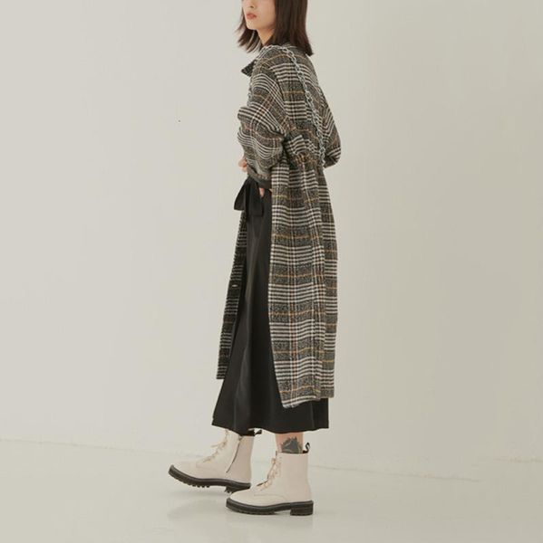 

сыпучий fit green plaid split большого размер long шерстяные пальто ветровка новых длинные рукава женщины мода tide осень зима 2020, Black