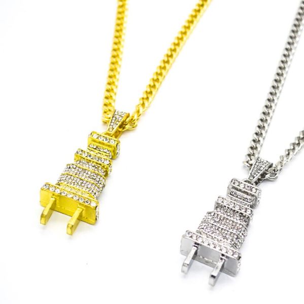 

хип-хоп золото серебро горный хрусталь электрические вилки цепи bling iced out ювелирные изделия подарки мужчины женщины кристалл ожерелья к, Silver