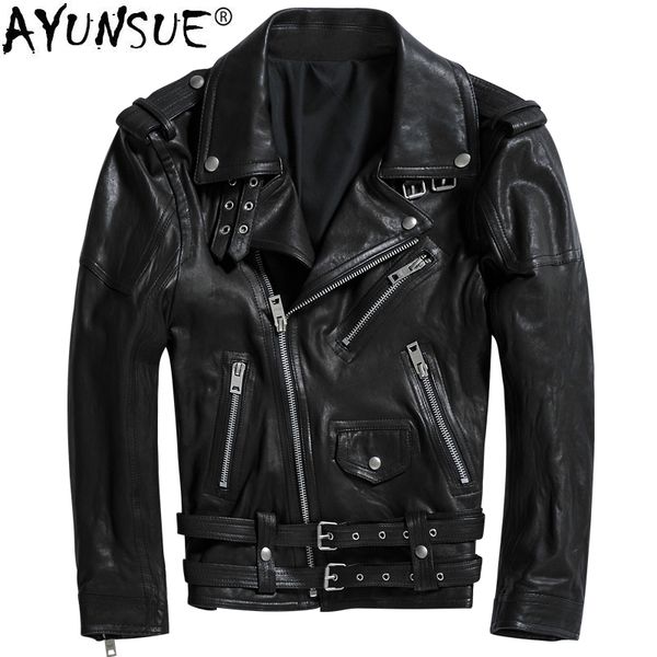 

ayunsue genuine leather jacket men clothes 2019 real sheepskin jackets vintage fashion biker leather coat jaqueta de couro zl397, Black