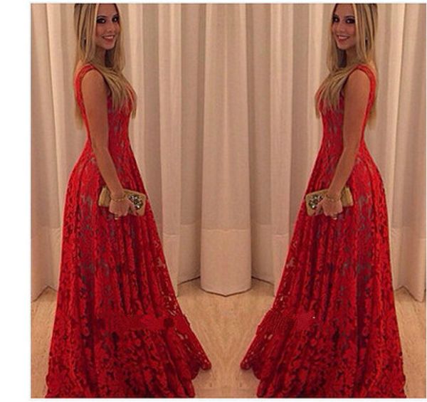 

sleeveless bright lace flowers red dress women dress lace long longuette elegant party dresses formal vestidos, Black;pink