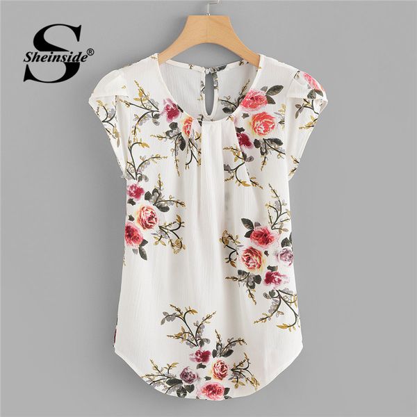 

sheinside beige cap sleeve casual office ladies round neck regular fit floral asymmetrical 2018 elegant women summer blouse, White