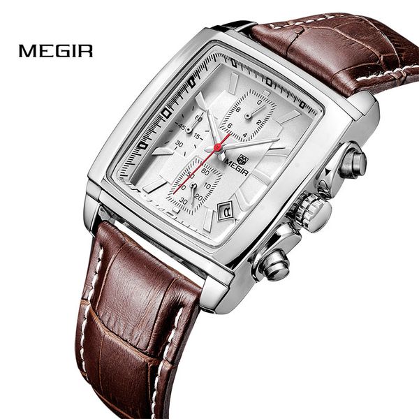 

megir band quartz men watch genuine leather watches men chronograph watch male luminous clock relogio masculino 2028, Slivery;brown