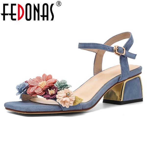 

украшение fedonas мода женщины сладкие цветы сандалии площади toe пряжка высокие каблуки элегантный kid suede офиса партии обувь женщина, Black