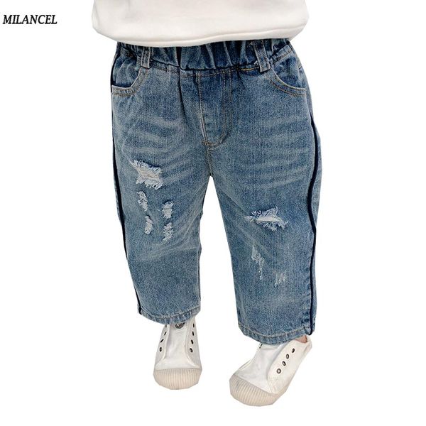 

milancel 2019 spring new kids jeans solid boys jeans rip denim pants for girls loose style girls solid boys trousers, Blue