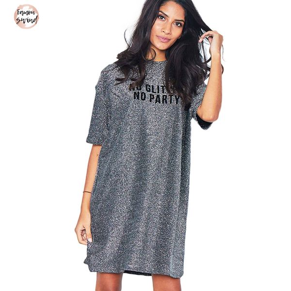 

блестящей щепка платье плеча письма печатного письмо рубашка падение h линия half sleeve crew neck пуловер мини платье loungewear, Black;gray