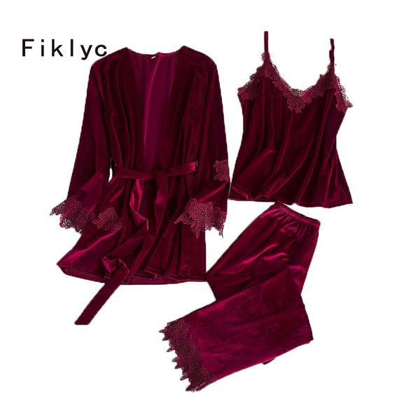 

fiklyc brand women's winter / autumn pleuche pajamas sets three-pieces female hollow out nightwear new design nighties hot, Black;red