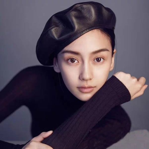 

female beret women's beret real leather casual hat painter hat, Blue;gray