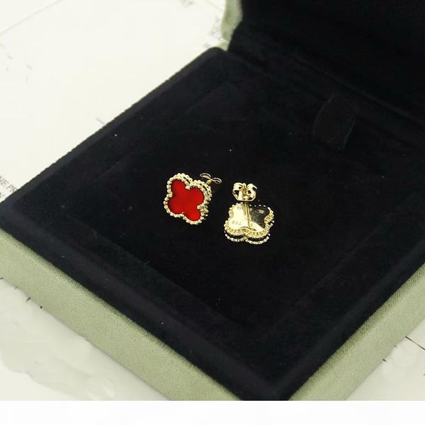 

europe america fashion lady women brass vintage mini single motif multicolor gemstone four leaf flower 18k gold stud earrings, Golden;silver