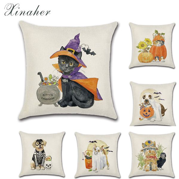 

halloween cute cartoon animal cat and dog linen throw pillow car home decoration decorative pillowcase cushion cover