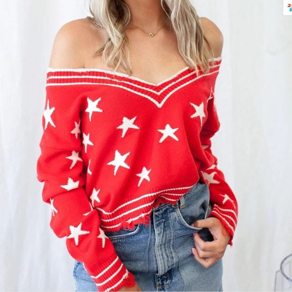 

vintage star print sweater women long sleeve pull femme jumpers 2020 autumn winter v neck ladies loose sweaters pullovers casual, White;black