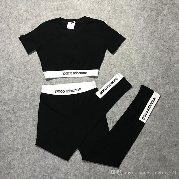 

2019 new summer european fashion women's high waist short sleeve letter print crop t-shirt and sports yoga long leggings twinset, White