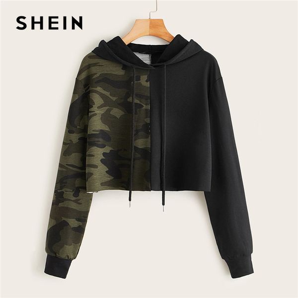 

шеин two tone camo группа hoodie crop толстовка женщина пуловер осень кройка и шитье кулиска спортивная повседневные толстовки, Black