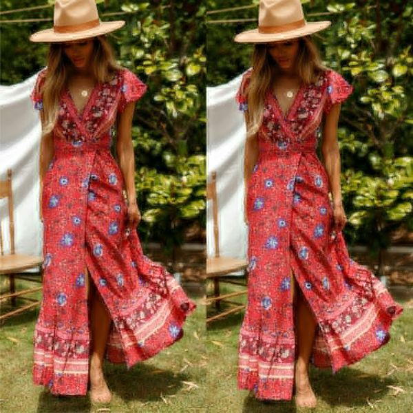 

boho style long dress women 2019 new v neck beach summer dresses floral print vintage chiffon white maxi dress vestidos de festa, Black;gray