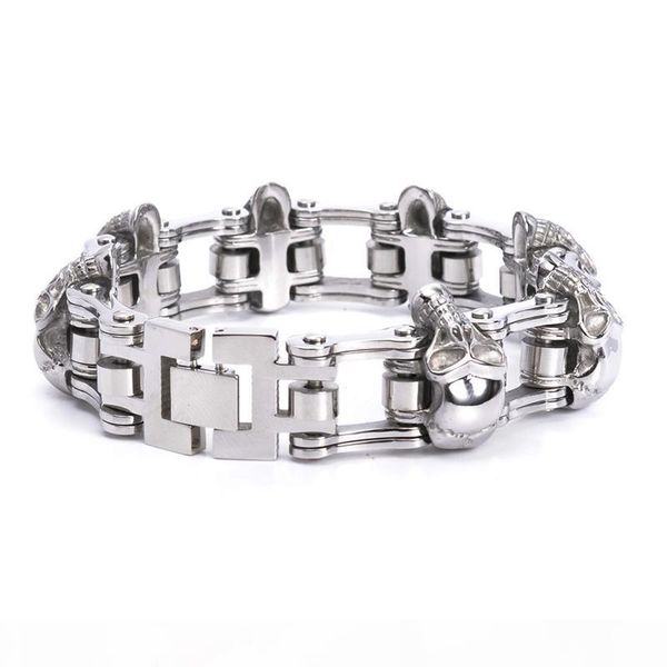 

personality punk titanium steel skull biker bicycle chains bracelets exaggerated wristbands bangle trenyd jewelry brace lace high polished, Golden;silver