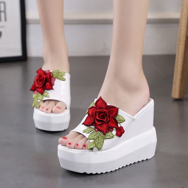 

summer ladies slippers super high heel platform wedge embroidered 34 yards slipper slip shoes, Black