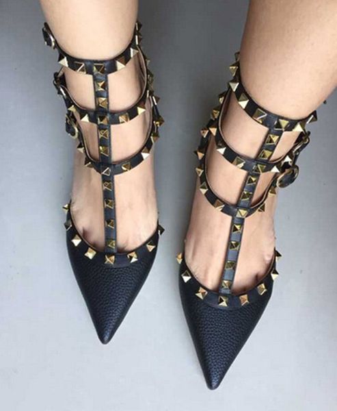

brand genuine leather women pumps for 2019 autumn new high heels rivet stud punk shoes wedding party dress shoes, Black