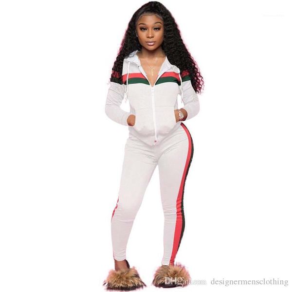 

2pcs suits long sleeve stripe womens tracksuits casual panelled plus size womens clothing cardigan hooded women, Gray