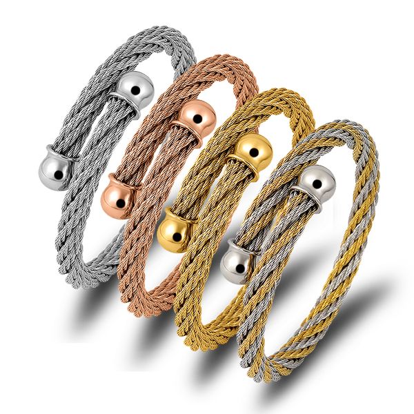 

new brand twist cable wire bangles & bracelets for women jewelry stainless steel simple bead charm cuff bracelet silver bijou, Black