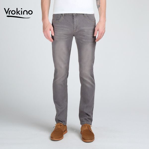 

vrokino brand new arrival in 2019 casual slim solid color men's jeans men's cotton denim straight black blue gray