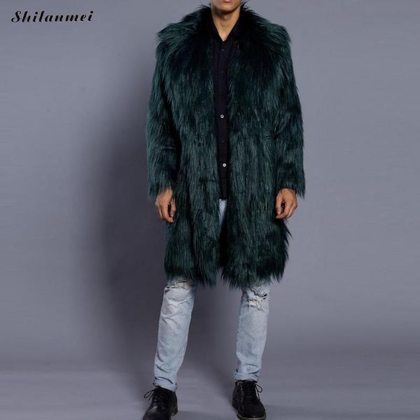 

gothic men's solid coat winter thicken faux fur coats fluffy coat for men long fur jacket plus size warm green overcoat 3xl, Black