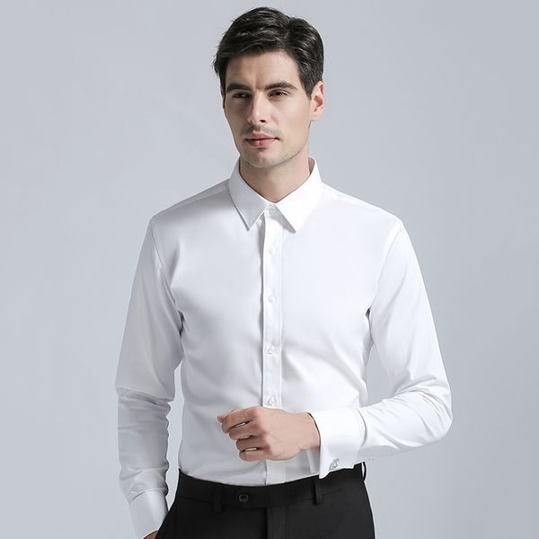 

2020 men's cotton dress shirt brands new regular fit cufflink shirts solid color long sleeve business suits shirts, White;black