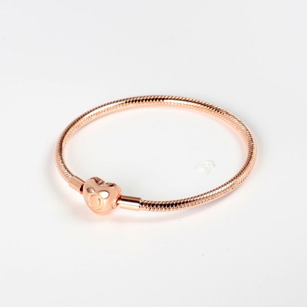 

original rose gold love heart clasp snake chain bracelet bangle fit 925 sterling silver bead charm bracelet diy europe jewelry, Golden;silver