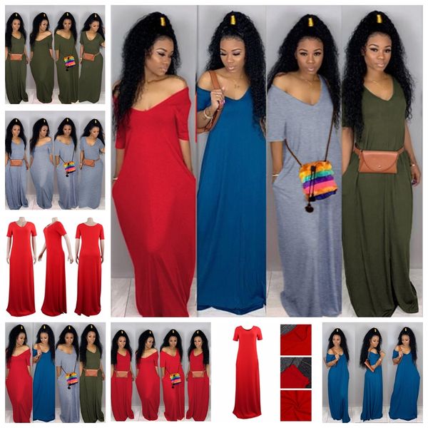 

dresses european solid color headband round neck short sleeve loose double pocket dress, gray, green, blue, big red, support mixed batch, Black;gray
