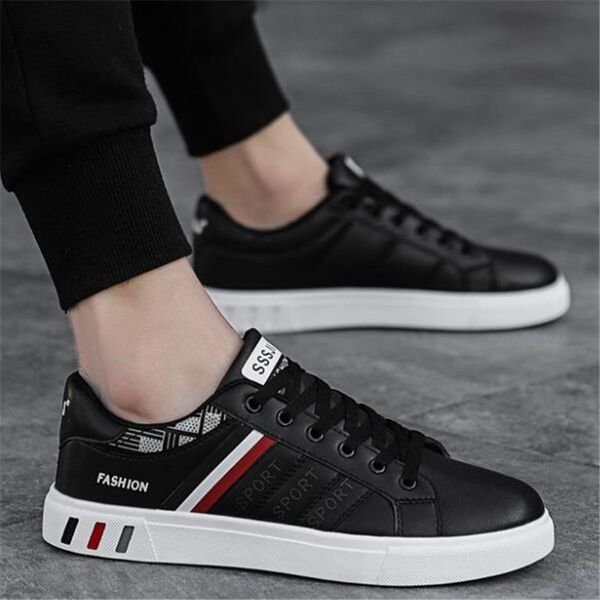 

diweini 2019 new men shoes spring autumn casual leather flat shoes lace-up low white male sneakers tenis masculino adulto h7, Black