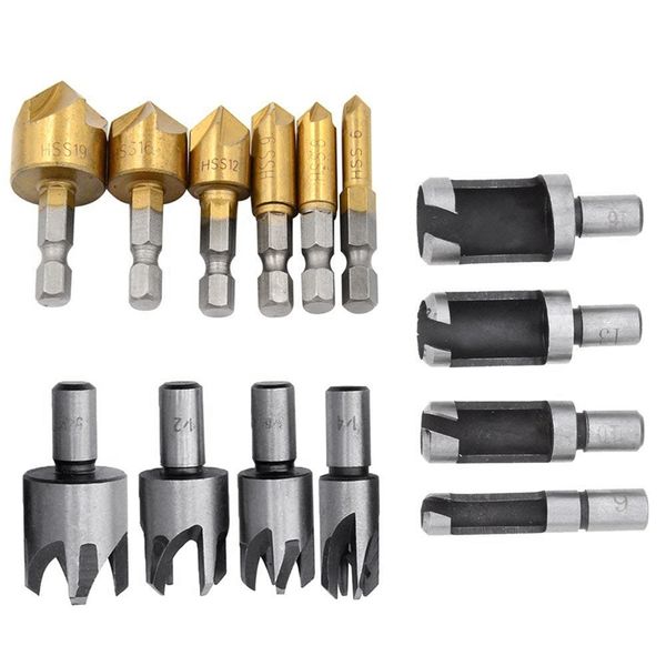 

8 pcs 5/8in 1/2in 3/8in 1/4in wood plug cutter tool drill bits set + 6pcs 1/4in hex shank hss 5 flute countersink drill bit set